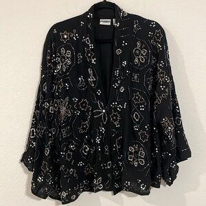 Chico’s Women’s Kimono Cardigan Large Black Beaded Coastal Grandma Contemporary